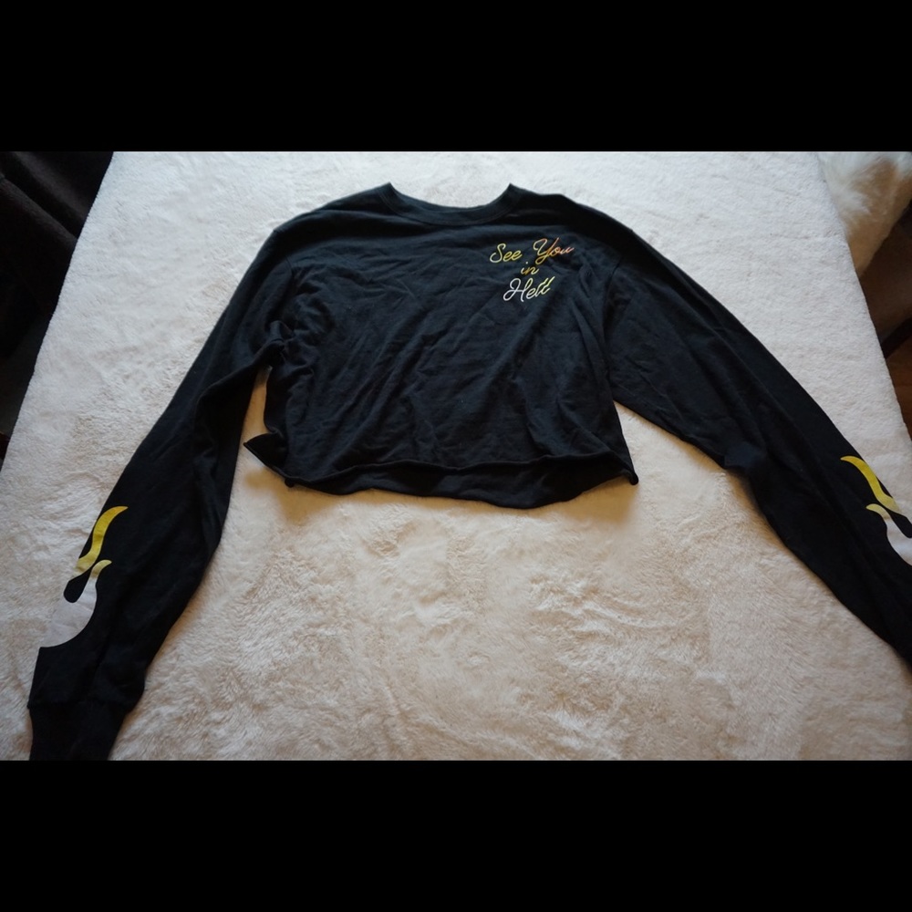 See You In Hell Black Cropped Long Bell Sleeve Top
